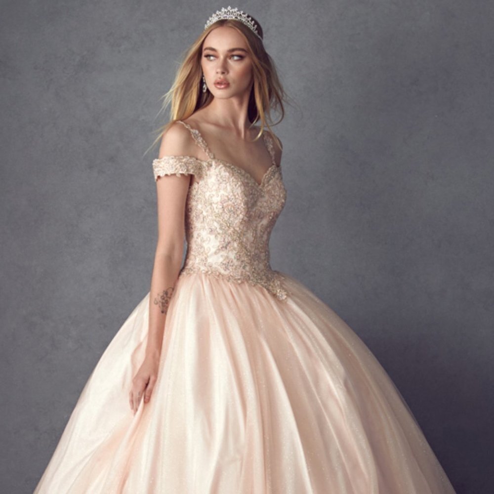NEW LONG SLEEVELESS CUT-AWAY SHOULDER BALL GOWN EMBROIDERED WITH LACE JT 1430